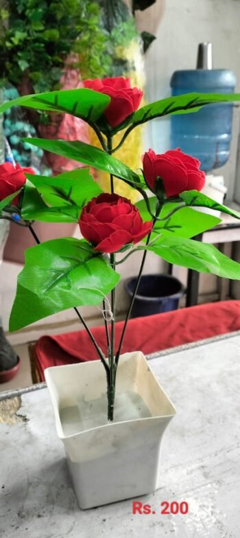 Red Rose with Green Leaves with flower pot
